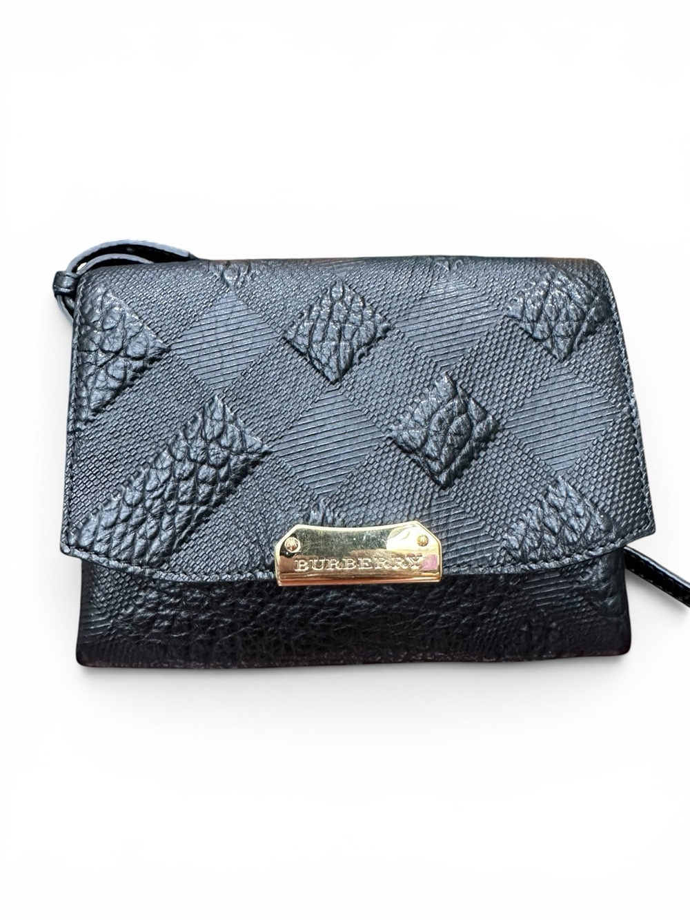 Burberry Langley Black Check Embossed Leather Crossbody Wallet On Chain NWOT